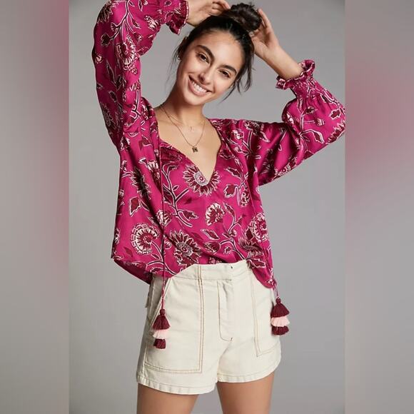 Anthropologie Omika Salena Peasant Blouse Pink Floral V-Neck Flowy Blouse Small - Picture 3 of 9